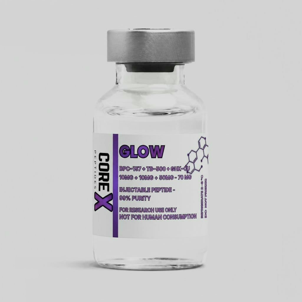 GLOW Blend vial with triple-peptide lyophilised powder for tissue repair research