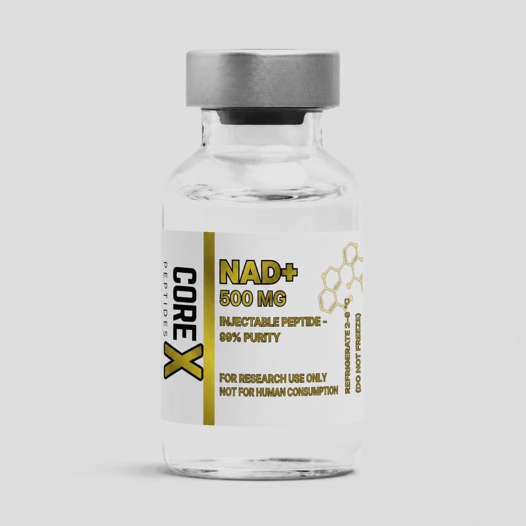 Bottle of NAD+ lyophilised powder for cellular energy metabolism research