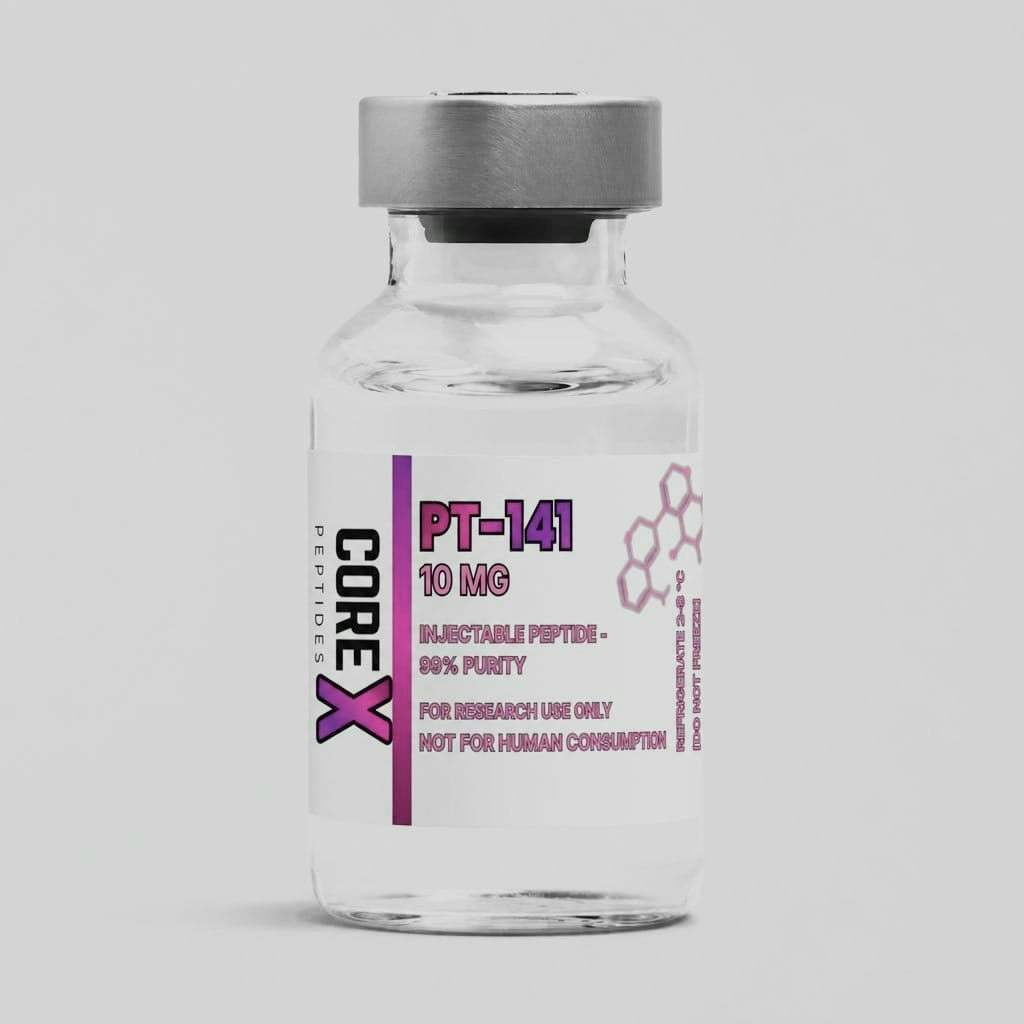 PT-141 lyophilised powder vial used in melanocortin receptor and neuroendocrine research